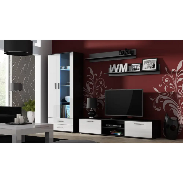 SOHO 8 set (TV180 cabinet + S6 + shelves) Black / White gloss - Modern wall unitsMES-NOW<<<Wall UnitsMES<<<ActionPL