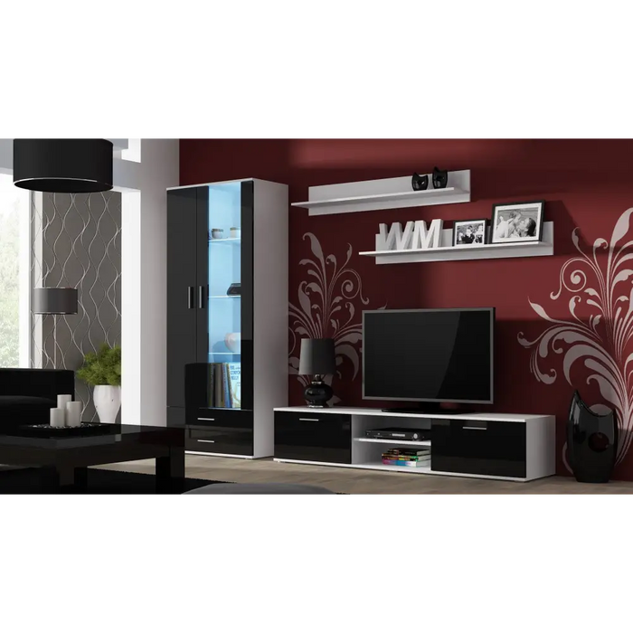 SOHO 8 set (TV180 cabinet + S6 + shelves) White / Black gloss - Modern wall unitsMES-NOW<<<Wall UnitsMES<<<ActionPL