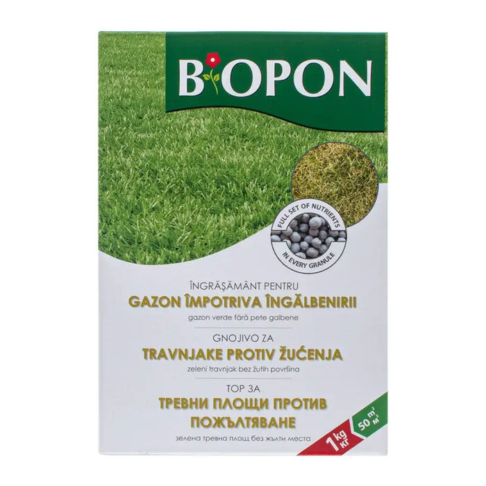 SOLID FERTILIZER FOR GRASS CARPETS AGAINST YELLOWING 1KG BIOPON - Торове<<<Торове почви и тревни