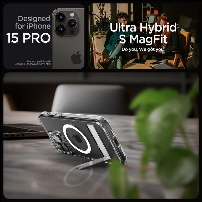 Spigen Ultra Hybrid S MagSafe Case with Stand for iPhone 15 Pro - Transparent