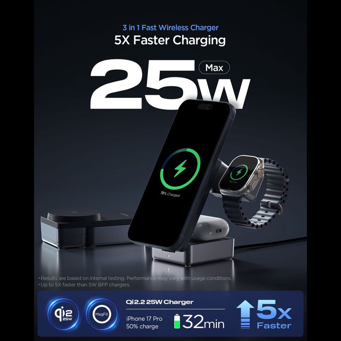 Spigen Essential Qi2.2 25W 3in1 MagSafe Magnetic Wireless Charger - Black