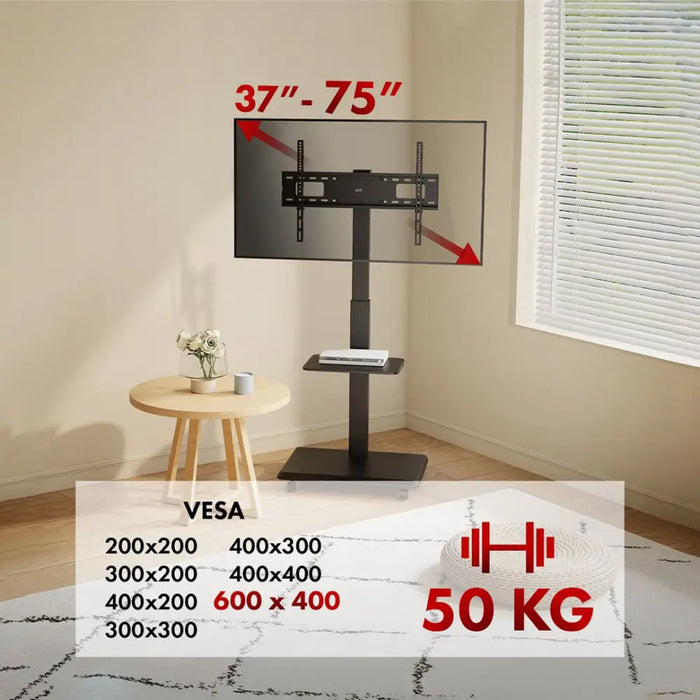 Stand / cart for TV Ergo-Office max. load 50kg / 5kg shelf max. VESA 600x400 built-in power strip black ER-304 B