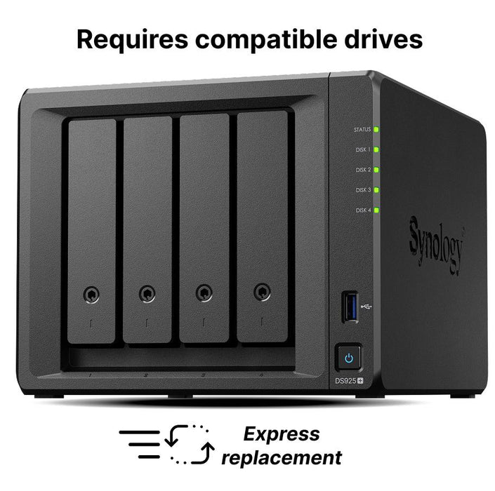Network storage Synology NAS DS925+, for 4 drives, AMD Ryzen V1500B, 4GB DDR4 SODIMM