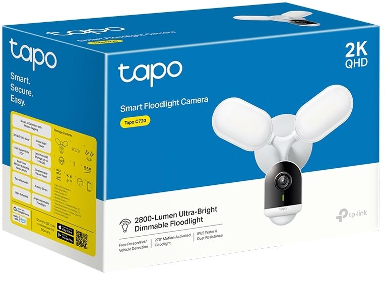 TP-LINK Camera Tapo C720 Wi-Fi Outdoor Security Floodlight, 2K QHD, 270 Degrees, White EU