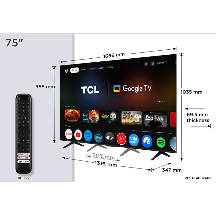 TV TCL 75QLED780K 4K Ultra HD QLED SMART TV, GOOGLE TV, 75.0 ", 189.0 cm