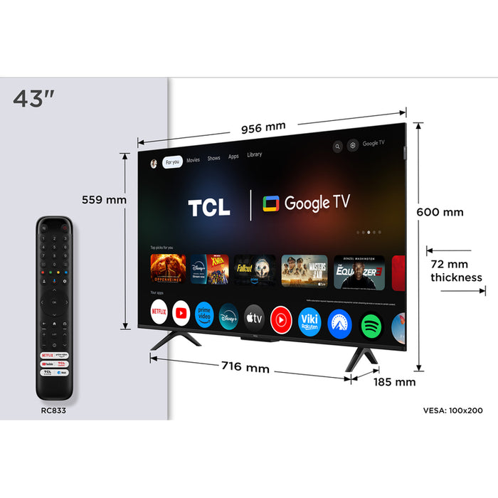 TV TCL 43QLED780K 4K Ultra HD QLED SMART TV, GOOGLE TV, 43.0 ", 108.0 cm