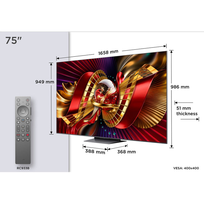 TV TCL 75C8L 4K ULTRA HD SQD-Mini LED SMART TV, GOOGLE TV, 75.0 ", 189.0 cm