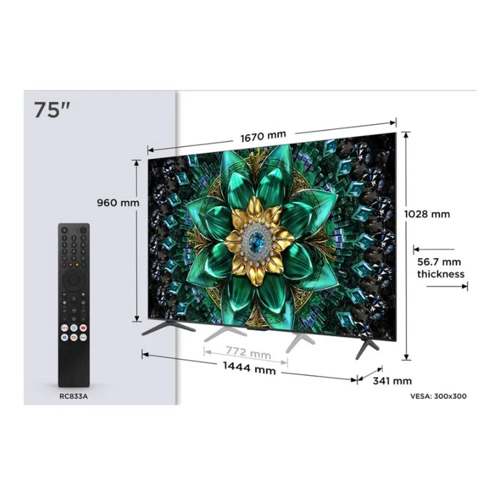 TV TCL 75Q6C, 75"(189 cm), QD-Mini LED, 4K Ultra HD, Smart TV, Google TV