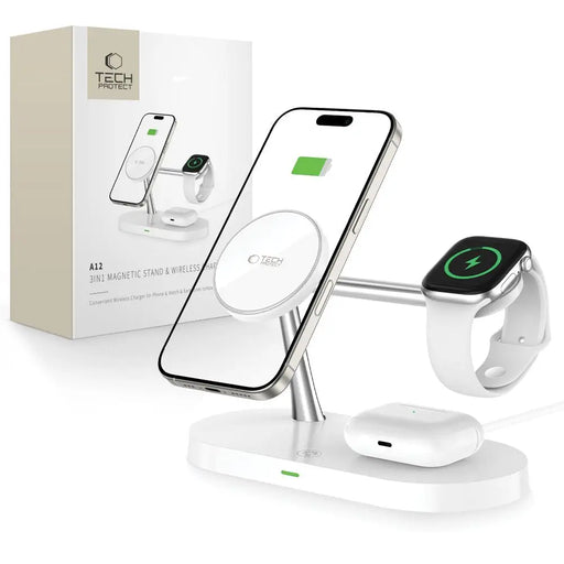 Tech-Protect A12 3in1 MagSafe Inductive Charger for Smartphone/Headphones/Smartwatch - White - Cell phone USB
