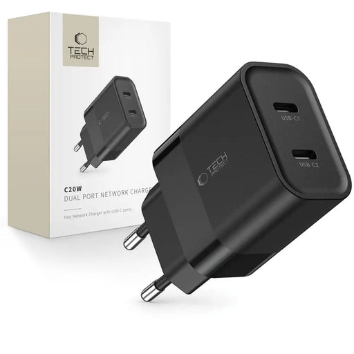 Tech-Protect C20W charger 2x USB-C PD 20W - black - Cell phone USB charger<<<HurtelXML