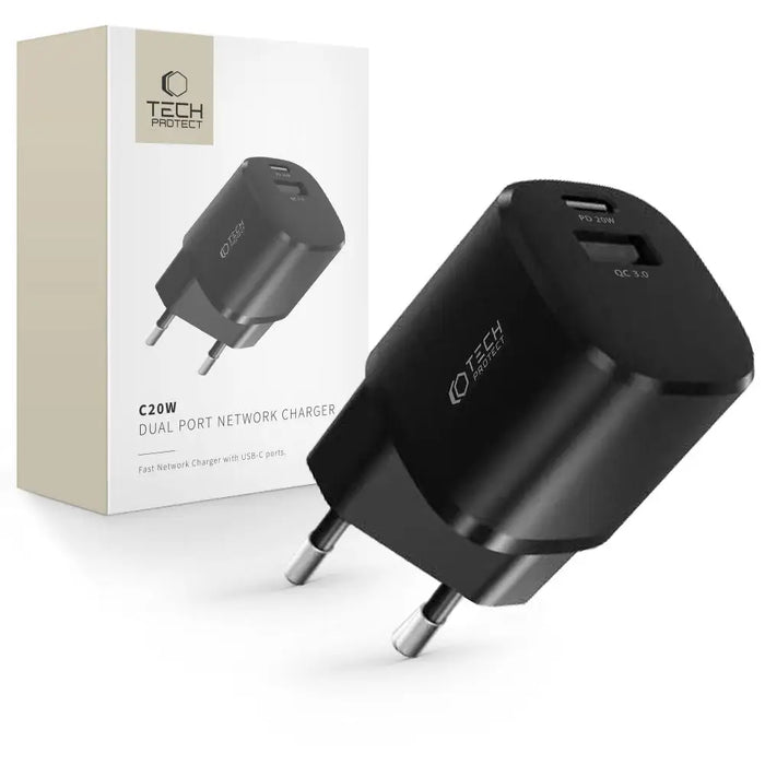 Tech-Protect C20W charger mini USB-C PD 20W / USB-A QC 3.0 - black - Cell phone USB charger<<<HurtelXML