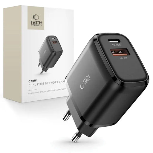 Tech-Protect C20W Charger USB-C PD 20W / USB-A QC 3.0 - Black - Cell phone USB charger<<<HurtelXML