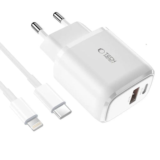 Tech-Protect C20W USB-C PD 20W / USB-A QC 3.0 Charger with USB-C / Lightning Cable - White - Cell phone USB