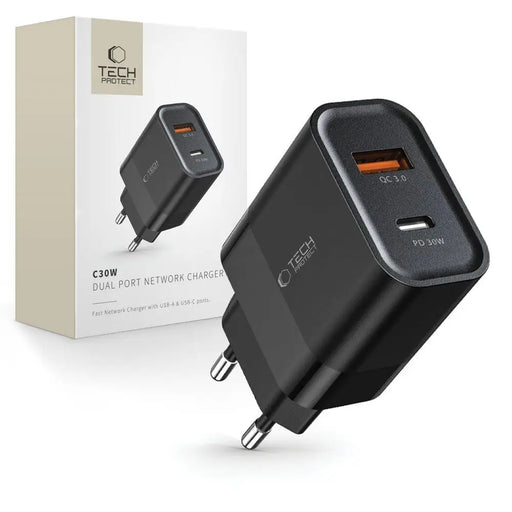 Tech-Protect C30W Charger USB-C PD 30W / USB-A QC 3.0 - Black - Cell phone USB charger<<<HurtelXML