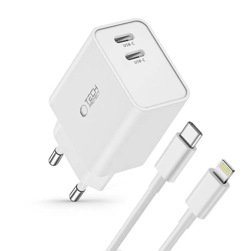 Tech-Protect C35W 2x USB-C PD 35W Wall Charger with USB-C / Lightning Cable - White - Cell phone USB charger<<<HurtelXML