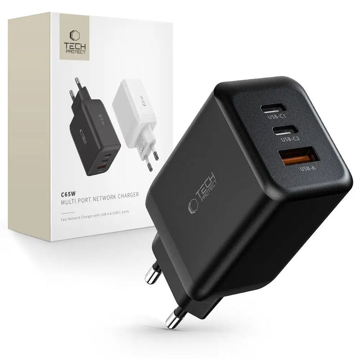 Tech-Protect C65W charger 2x USB-C PD 65W / USB-A QC 3.0 - black - Cell phone USB charger<<<HurtelXML