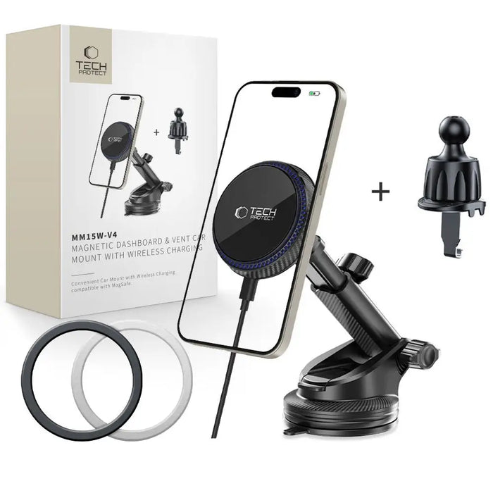 Tech-Protect MM15W-V4 Magnetic MagSafe 15W Car Holder for Cockpit / Windshield / Air Vent - Black - Cell phone
