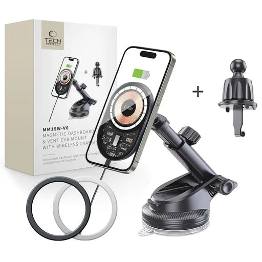 Tech-Protect MM15W-V6 15W Car Charger Holder with MagSafe for Dashboard and Air Vent - Black - *Temporary