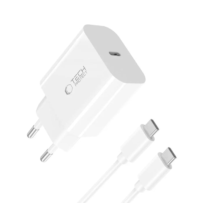 Tech-Protect NC20W PD20W USB-C wall charger with USB-C cable - white - Cell phone USB charger<<<HurtelXML