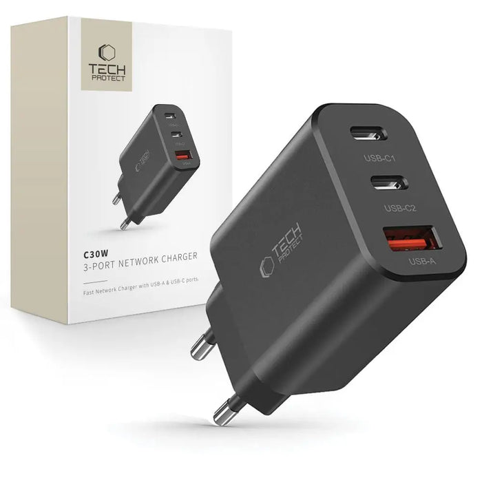 Tech-Protect NC30W charger 2x USB-C PD 30W / USB-A QC 3.0 - black - Cell phone USB charger<<<HurtelXML