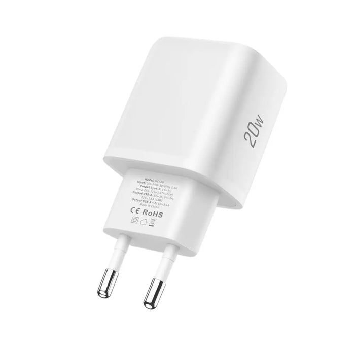Tech-Protect NCA20 PD 20W QC3.0 USB-A / USB-C Wall Charger + USB-C / USB-C Cable 100cm - White - Cell phone USB