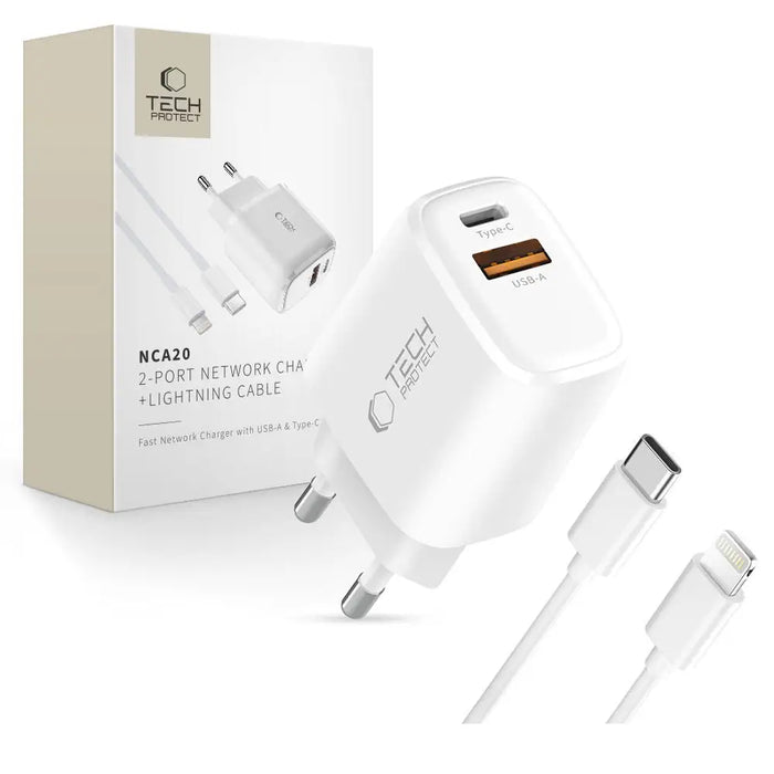 Tech-Protect NCA20 PD 20W QC3.0 USB-A / USB-C Wall Charger + USB-C / Lightning Cable 100cm - White - Cell phone USB