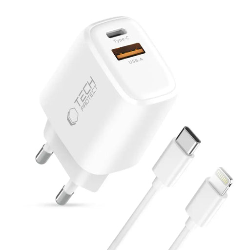 Tech-Protect NCA30 PD 30W QC3.0 USB-A / USB-C Wall Charger + USB-C / Lightning Cable 100cm - White - Cell phone USB