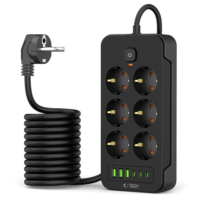 Tech-Protect PC6X6 Power Strip 6 Sockets 240V + 3xUSB-A + 3xUSB-C 200cm - Black - *Temporary category<<<HurtelXML