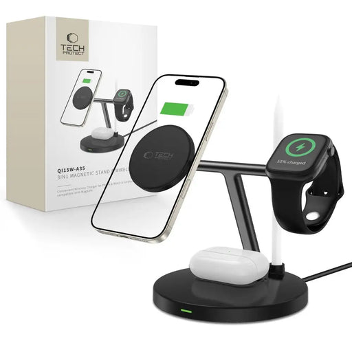 Tech-Protect QI15W-A35 3-in-1 Inductive Charger with MagSafe for Phone / AirPods / Apple Watch - Black - Cell phone USB