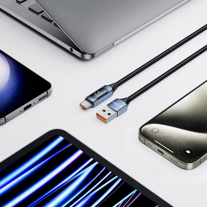 Tech-Protect UltraBoost Cable with LED Display USB-C / USB-A 66W 6A 1m - Blue - Cell phone cables<<<HurtelXML