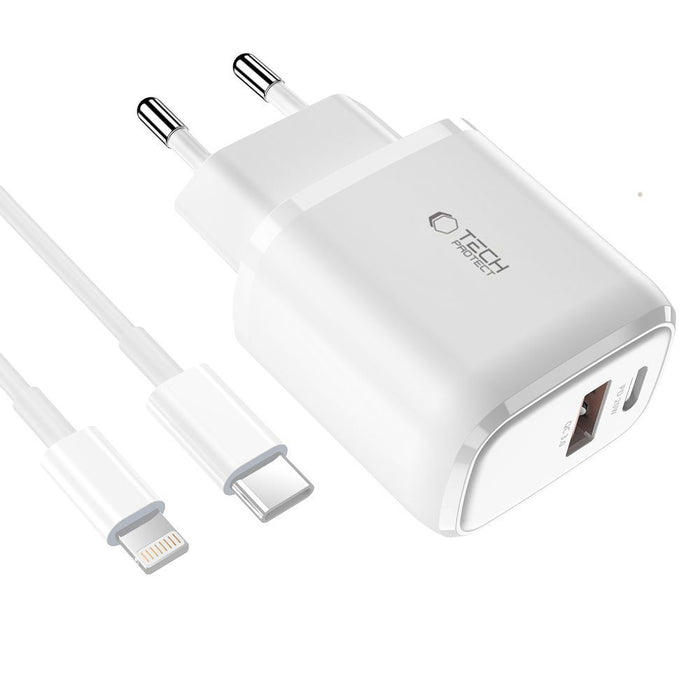Tech-Protect C20W USB-C PD 20W / USB-A QC 3.0 Charger with USB-C / Lightning Cable - White