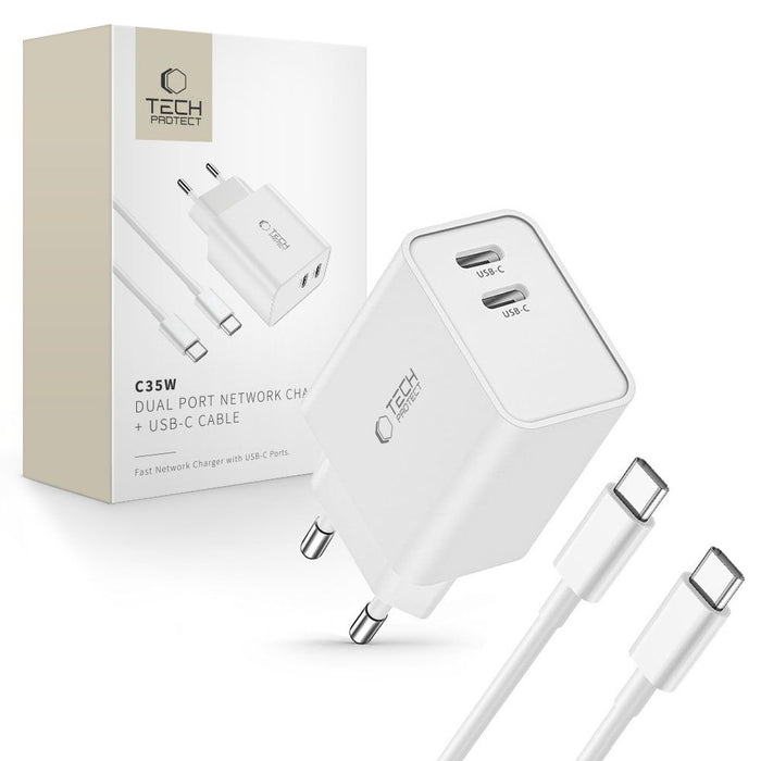 Tech-Protect C35W 2x USB-C PD 35W charger with USB-C / USB-C cable - white