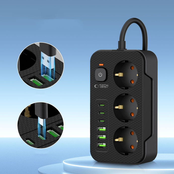 Tech-Protect PC3X6 Power Strip 3 Sockets 240V + 3xUSB-A + 3xUSB-C 200cm - Black