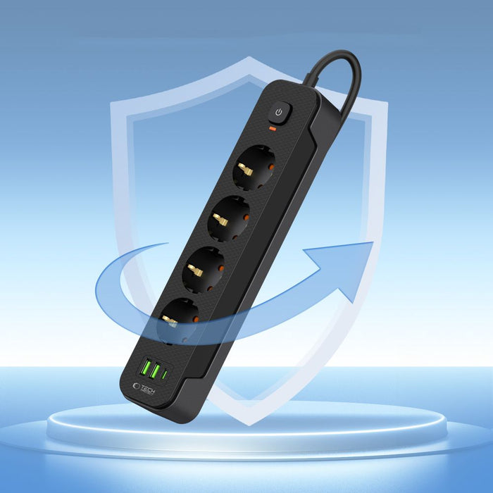 Tech-Protect PCL4X3 Power Strip 4 Sockets 240V + 2xUSB-A + 1xUSB-C 200 cm - Black