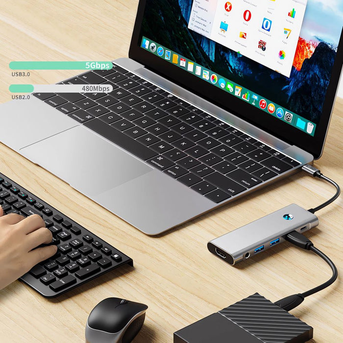 Tech-Protect HB04 HUB Adapter 9in1 USB-C + USB2.0 + USB3.0 + HDMI 4K 60Hz + SD / TF + PD100W + AV3.5 - gray