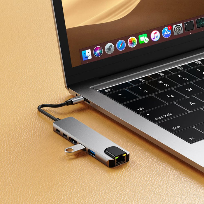 Tech-Protect HB02 HUB Adapter 6in1 USB-C + USB2.0 + USB3.0 + HDMI 4K 30Hz + RJ45 + PD100W - gray