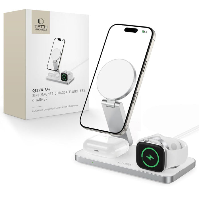 Tech-Protect QI15W-A47 MagSafe 3in1 Inductive Charger + USB-C Cable - White