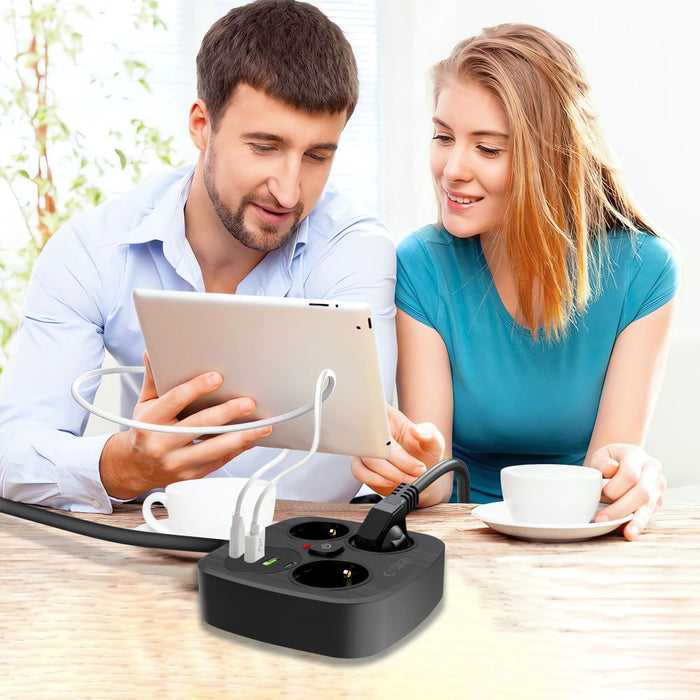 Tech-Protect PCS3X4 power strip, 3 sockets, 2xUSB-A, 2xUSB-C 200 cm - black