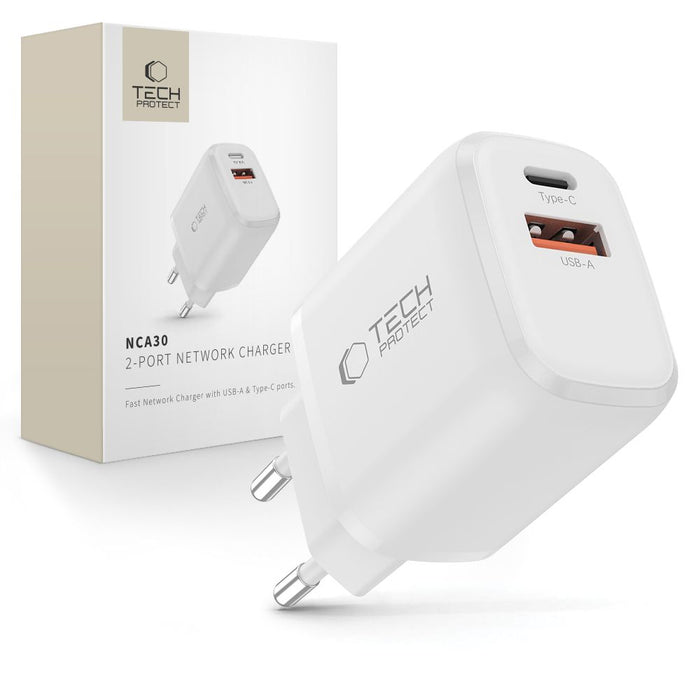 Tech-Protect NCA30 PD 30W QC3.0 USB-A / USB-C Wall Charger - White