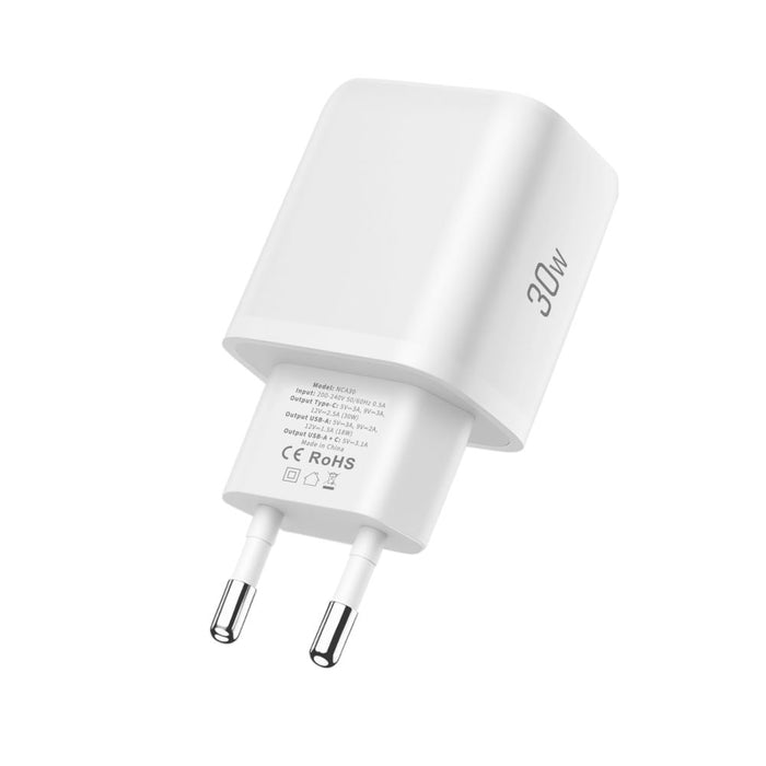 Tech-Protect NCA30 PD 30W QC3.0 USB-A / USB-C Wall Charger + USB-C / USB-C Cable 100cm - White