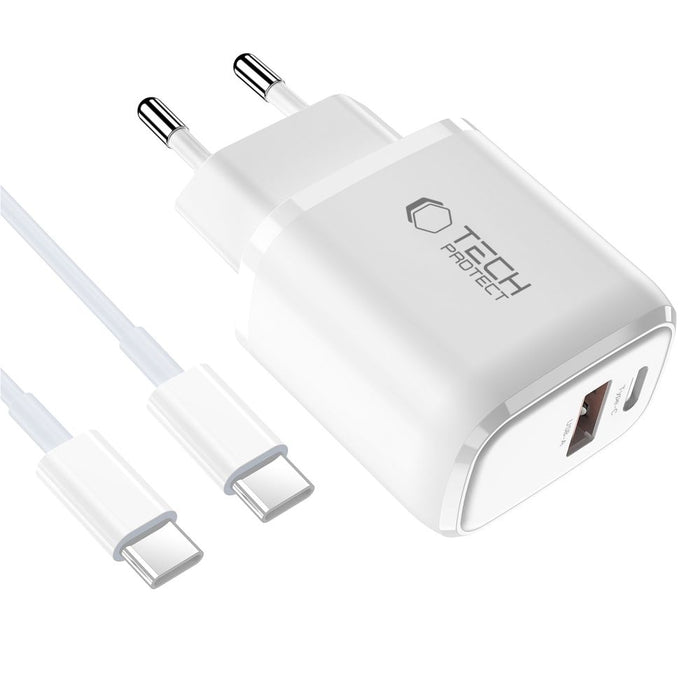 Tech-Protect NCA30 PD 30W QC3.0 USB-A / USB-C Wall Charger + USB-C / USB-C Cable 100cm - White