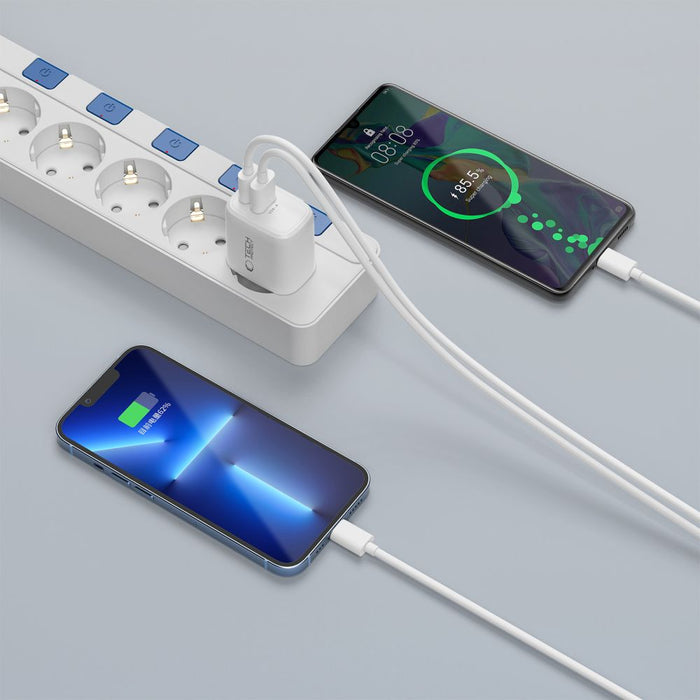 Tech-Protect NCA20 PD 20W QC3.0 USB-A / USB-C Wall Charger + USB-C / Lightning Cable 100cm - White