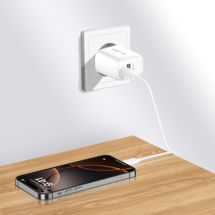 Tech-Protect NCA20 PD 20W QC3.0 USB-A / USB-C Wall Charger + USB-C / USB-C Cable 100cm - White