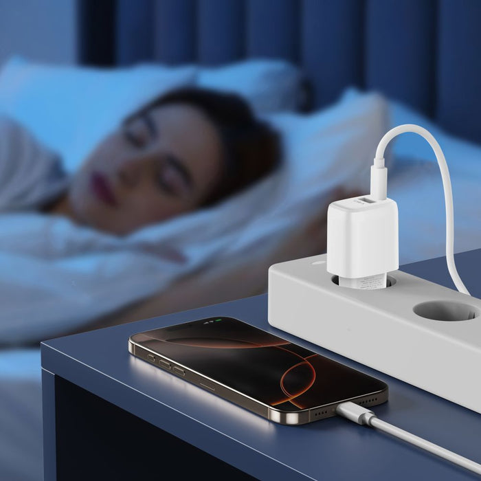 Tech-Protect NCA20 PD 20W QC3.0 USB-A / USB-C Wall Charger + USB-C / USB-C Cable 100cm - White