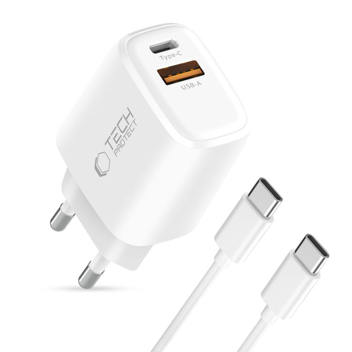 Tech-Protect NCA45W-GAN 2-Port 45W Wall Charger with USB-C Cable - White