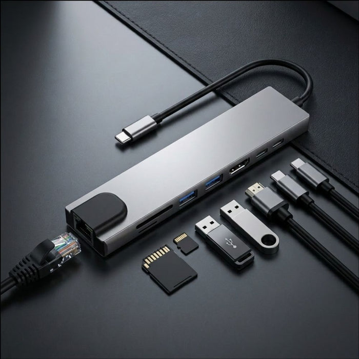Tech-Protect HB09 USB hub 8in1 TYPE-C + USB-A 3.0 + USB-C 3.0 + HDMI 4K 60HZ + SD/TF + PD100W + RJ45 1000 MB/S - gray