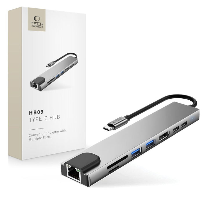 Tech-Protect HB09 USB hub 8in1 TYPE-C + USB-A 3.0 + USB-C 3.0 + HDMI 4K 60HZ + SD/TF + PD100W + RJ45 1000 MB/S - gray