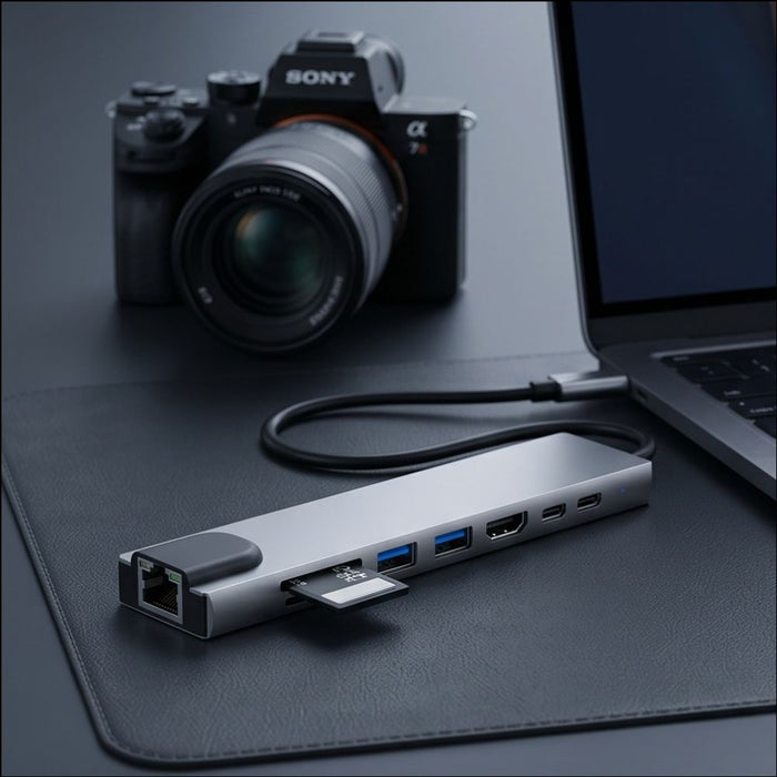 Tech-Protect HB09 USB hub 8in1 TYPE-C + USB-A 3.0 + USB-C 3.0 + HDMI 4K 60HZ + SD/TF + PD100W + RJ45 1000 MB/S - gray