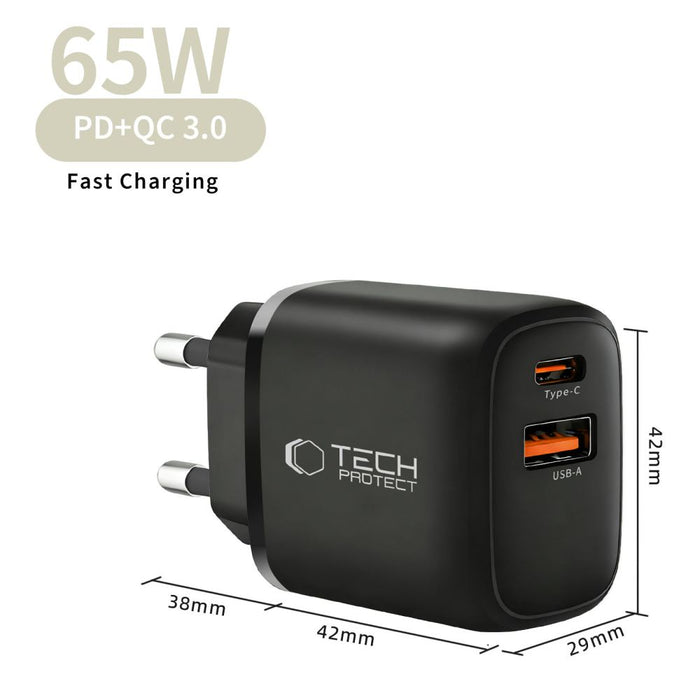 Tech-Protect NCA65W-GAN PD 65W / QC3.0 2-Ports Wall Charger - Black