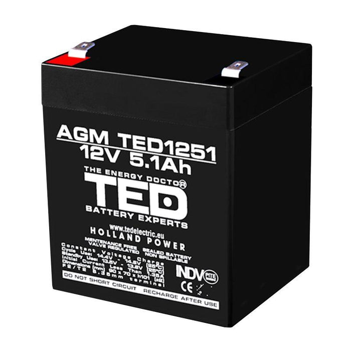 Lead acid battery TED ELECTRIC AGM, 12V, 5Ah, 90/ 70/ 10 1mm, Terminal 2
